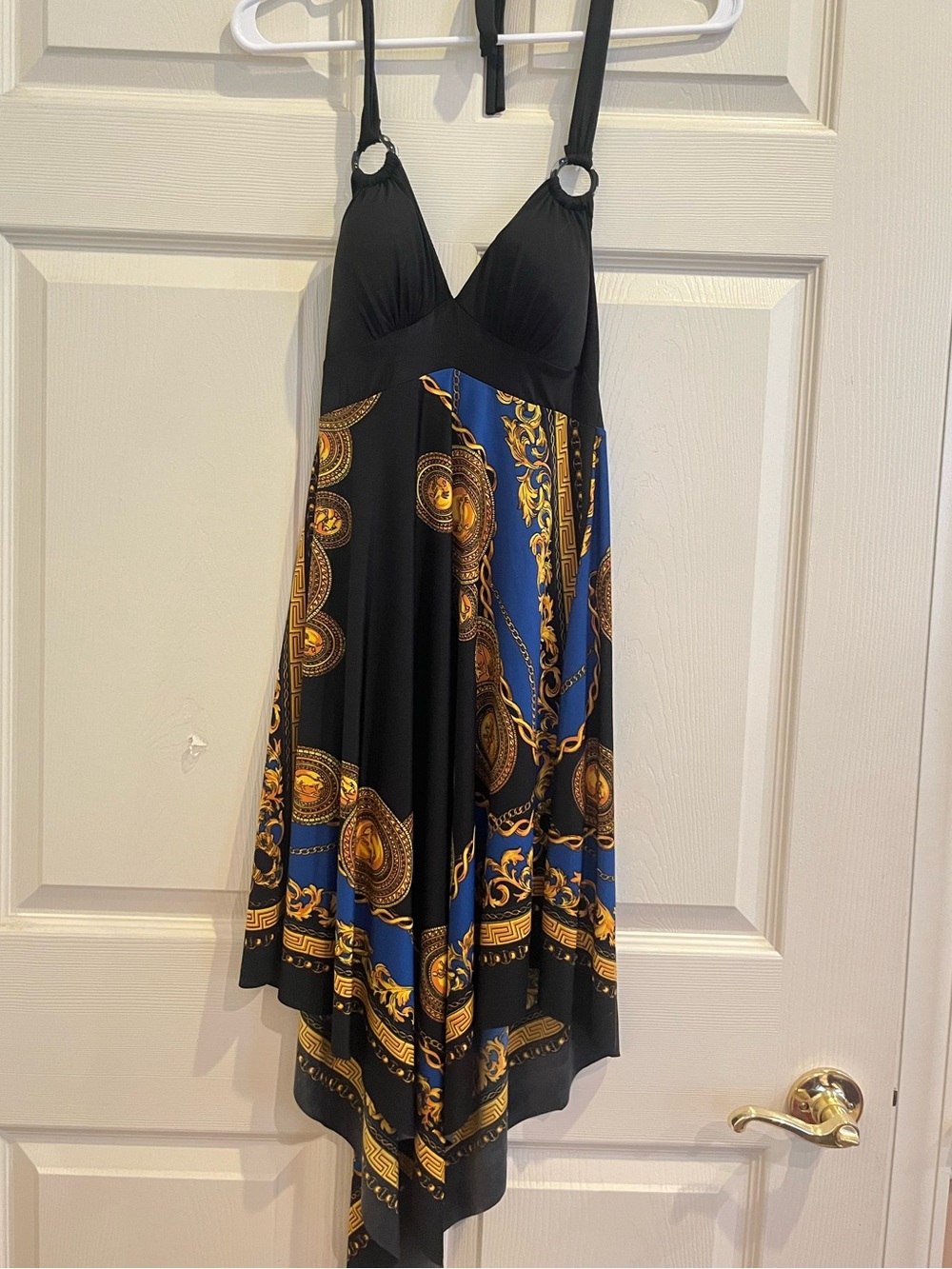 FLAMINGO Black & Blue Baroque Print Handkerchief Hem Dress